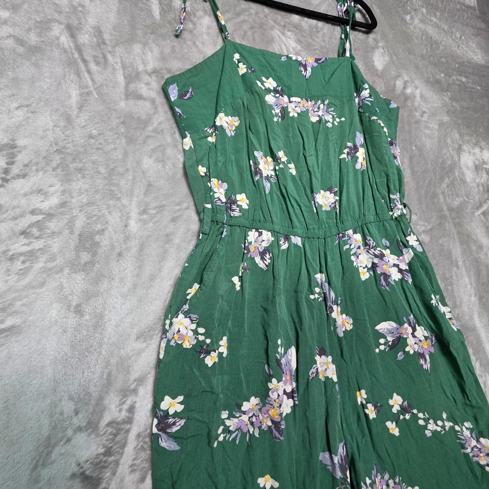 Jase Green Floral Tie Shoulder Jumpsuit Medium Elastic Waist Pockets - Picture 7 of 8